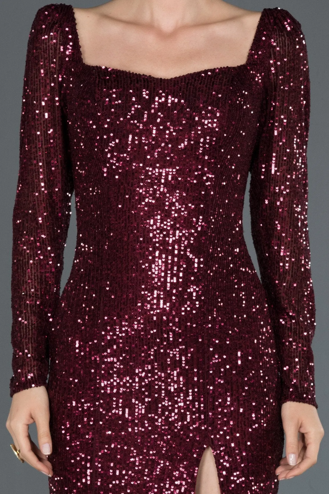 16041 Claret Red Square Neck Slit Sequins Dress