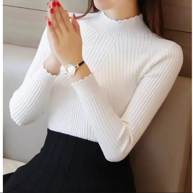 EVNISI Autumn Women Mock Neck Ruffles Sweater for Winter