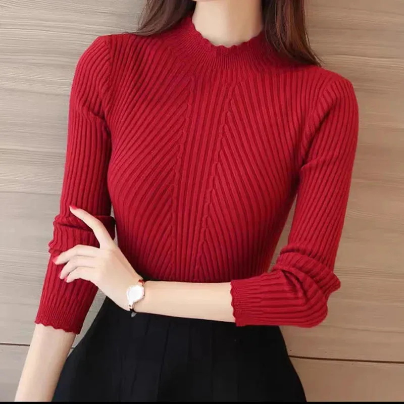 EVNISI Autumn Women Mock Neck Ruffles Sweater for Winter