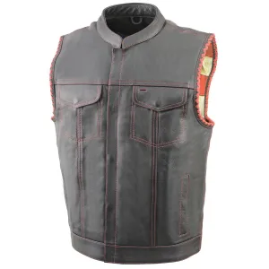 Red Stitching MLM3506 Men's Black Naked Leather Vest - Old Glory Laced Armholes Club Style Vest