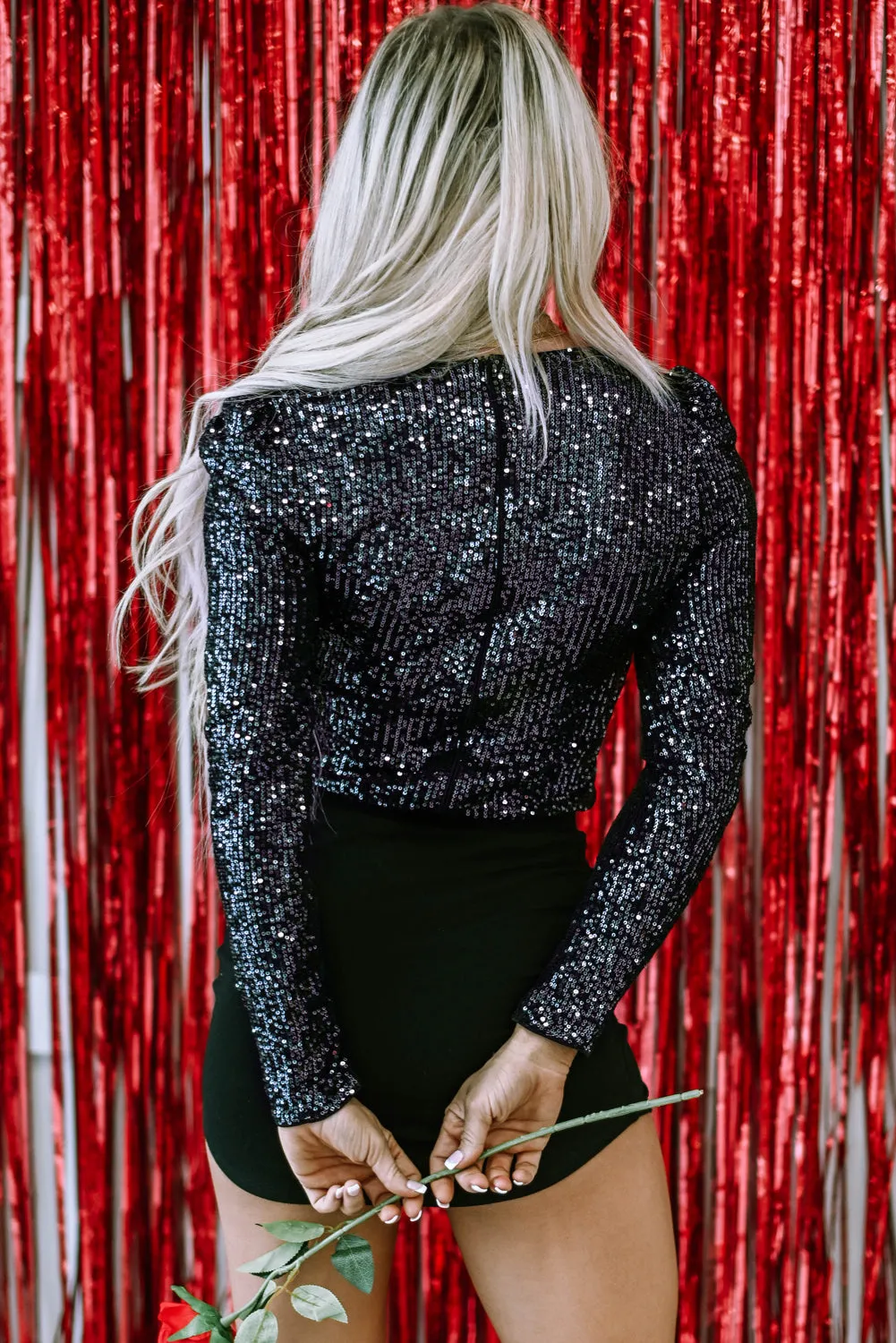 Sequin V Neck Zipped Bodysuit