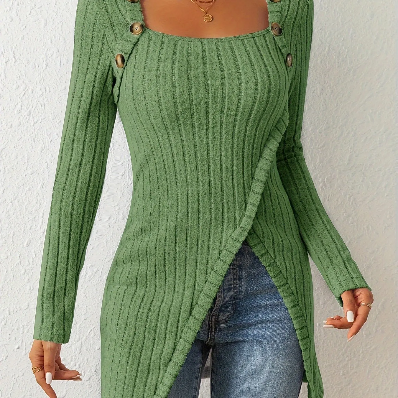 Square Neck Slim Fit Knit T-shirt with Button Decor & Slit Hem