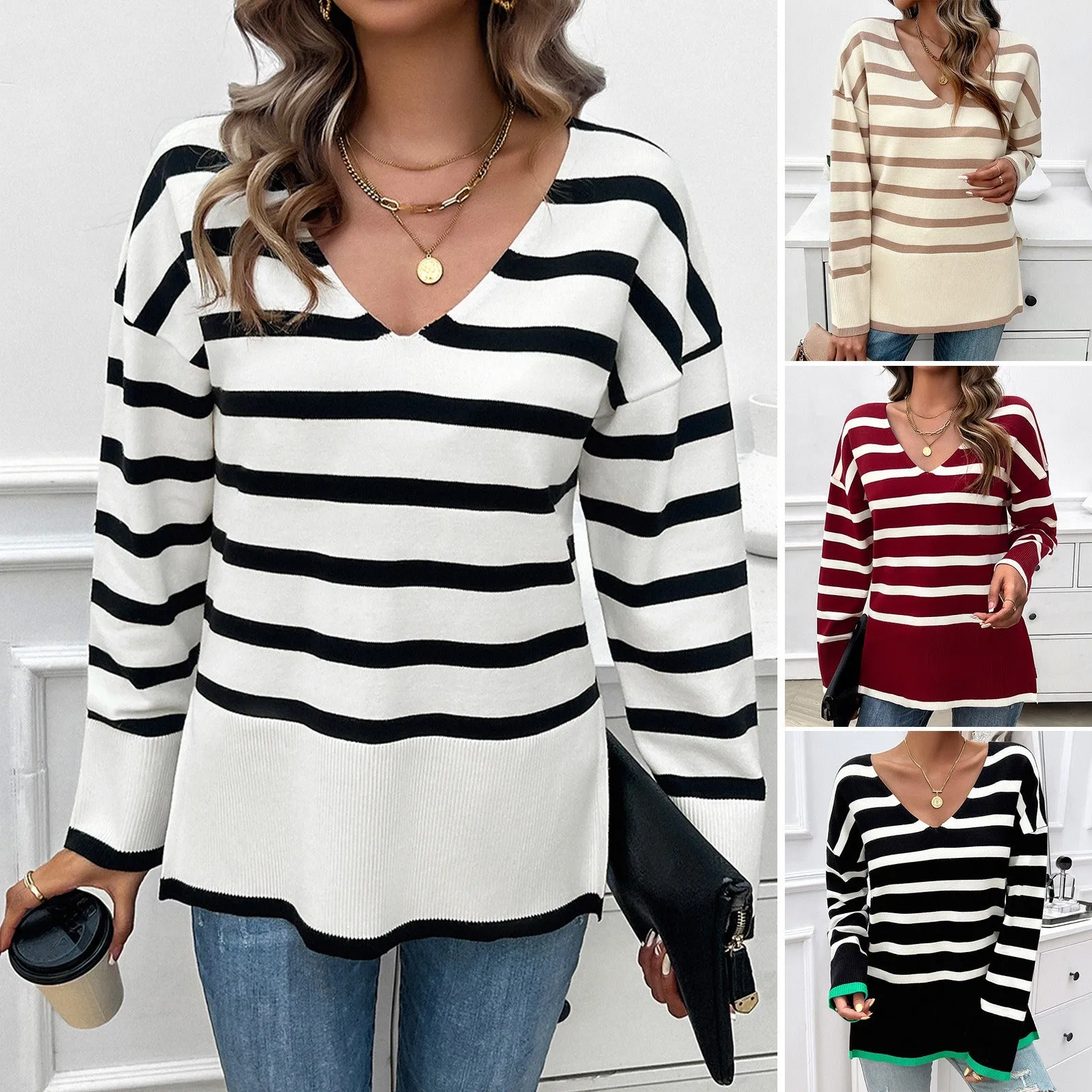 Striped Contrasting Color V-neck Sweater (4 colors)